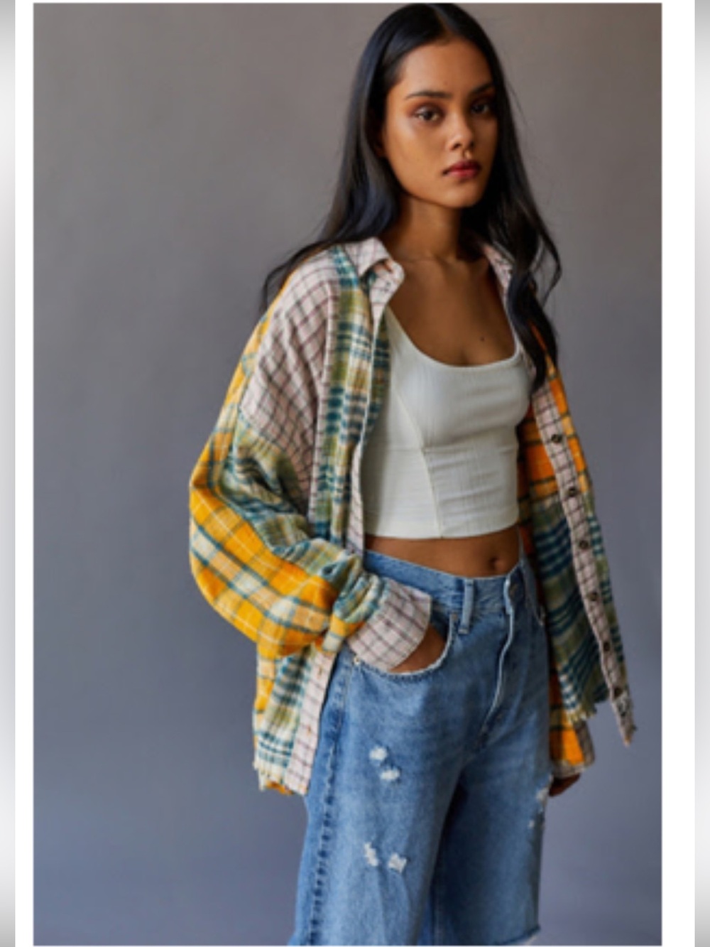 Urban Outfitters BDG Ted Patchwork Flannel Shirt Yellow pink green blue plaid L